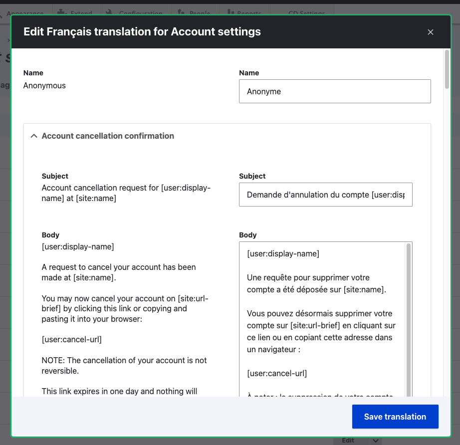 Screenshot of Drupal's config translation UI including different element types