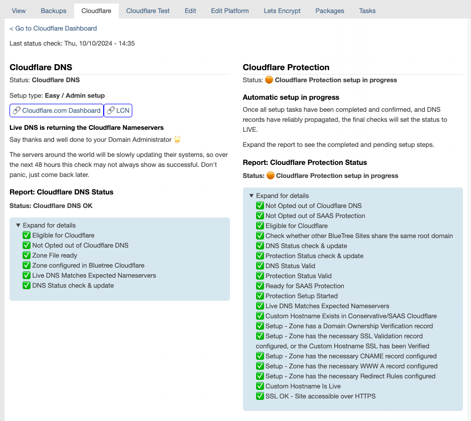 Screenshot of our custom Aegir Site dashboard, with various setup steps all nice and green