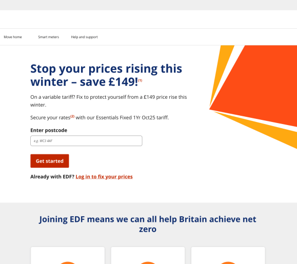 edfenergy.com website screenshot, showing the new homepage design