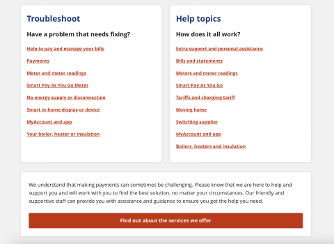 edfenergy.com screenshot - the new help centre home page