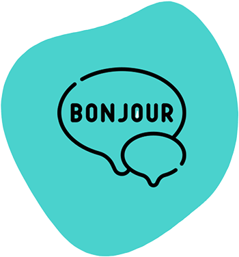 line drawing of two speech bubbles, one has the word bonjour in it. 