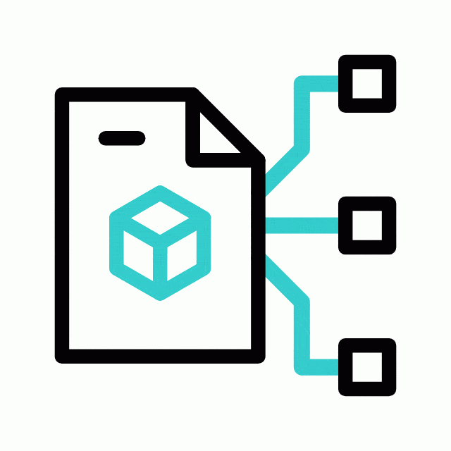 animated line drawing of a box file transferring data to three smaller boxes. 