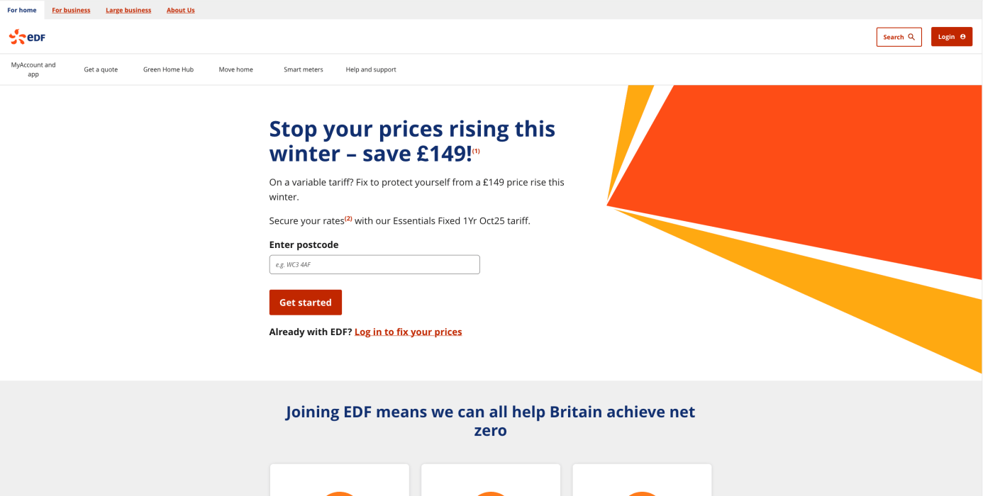 edfenergy.com website screenshot, showing the new homepage design