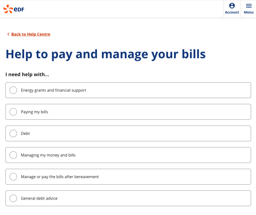 edfenergy.com screenshot showing the improved interactive help centre experience